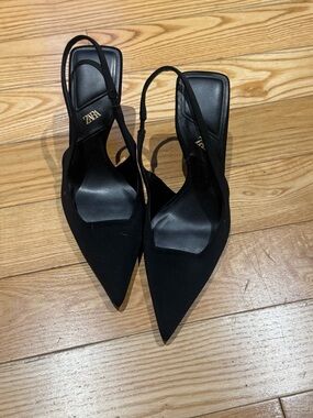 Zara Black Pointed Slingback Pumps with Gold Logo